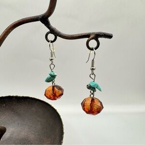 Amber Glass & Turquoise Dangle Earrings | Boho Southwestern Style Silver Hooks
